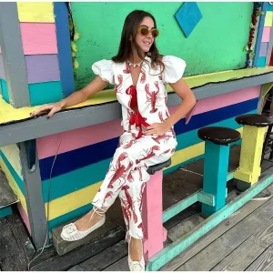 Casual Printed Pants Suits And Puff Sleeve Street Outfit - Image 6