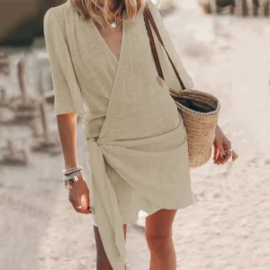 Casual Solid Color Cotton Linen Lace-up A-line Elegant Simple Loose Mini Dress - Image 7
