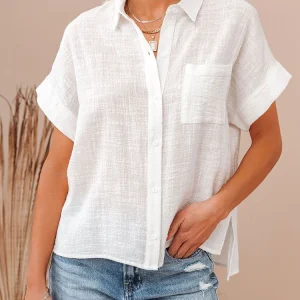 Casual Solid Short Sleeve Cotton Linen Loose Vintage Elegant Shirt - Image 2