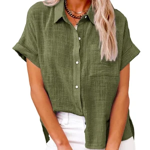 Casual Solid Short Sleeve Cotton Linen Loose Vintage Elegant Shirt - Image 9