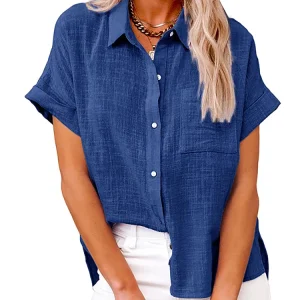 Casual Solid Short Sleeve Cotton Linen Loose Vintage Elegant Shirt - Image 6