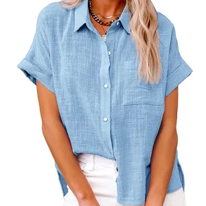Casual Solid Short Sleeve Cotton Linen Loose Vintage Elegant Shirt - Image 8