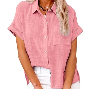 Casual Solid Short Sleeve Cotton Linen Loose Vintage Elegant Shirt - Image 7