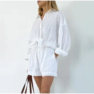 Casual Stripe Jacquard Shorts And Puff Sleeve Single-breasted Outfit - Image 11