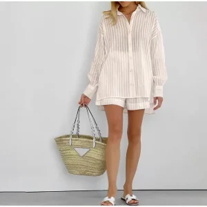 Casual Stripe Jacquard Shorts And Puff Sleeve Single-breasted Outfit - Image 16