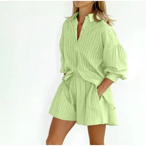 Casual Stripe Jacquard Shorts And Puff Sleeve Single-breasted Outfit - Image 13