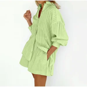 Casual Stripe Jacquard Shorts And Puff Sleeve Single-breasted Outfit - Image 14