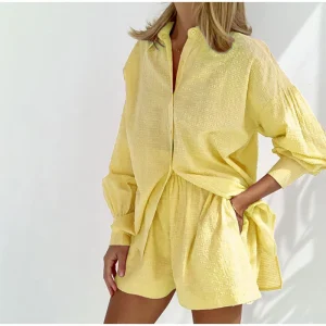 Casual Stripe Jacquard Shorts And Puff Sleeve Single-breasted Outfit - Image 15