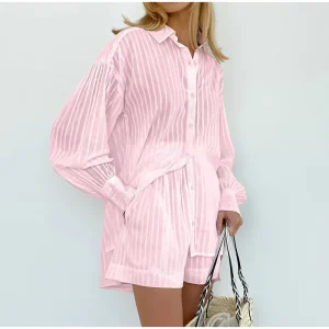 Casual Stripe Jacquard Shorts And Puff Sleeve Single-breasted Outfit - Image 8