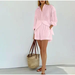 Casual Stripe Jacquard Shorts And Puff Sleeve Single-breasted Outfit - Image 7