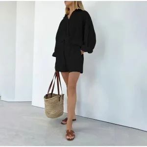 Casual Stripe Jacquard Shorts And Puff Sleeve Single-breasted Outfit - Image 4