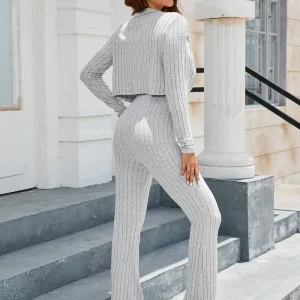 Club And Party Wear Ribbed Collared Neck Zip-Up Top and Pants Set - Image 4