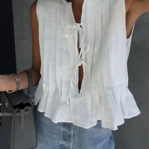Cotton Linen Elegant Sleeveless Lace Up Pleated Casual Holiday Shirts - Image 4