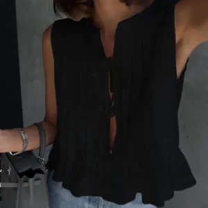 Cotton Linen Elegant Sleeveless Lace Up Pleated Casual Holiday Shirts - Image 5
