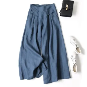 Cotton Linen Large Wide Leg Pants Femme Arts Style Elastic Waist Loose Pantalon