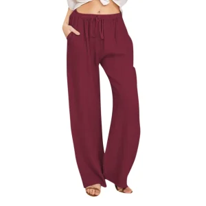 Cotton Linen Wide Leg Pants Full Length Casual Loose Straight Trousers - Image 10