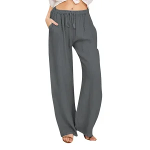 Cotton Linen Wide Leg Pants Full Length Casual Loose Straight Trousers - Image 9