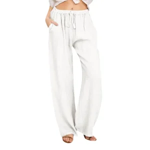 Cotton Linen Wide Leg Pants Full Length Casual Loose Straight Trousers - Image 8