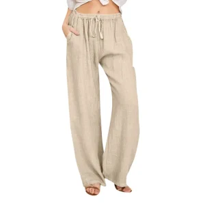 Cotton Linen Wide Leg Pants Full Length Casual Loose Straight Trousers - Image 7