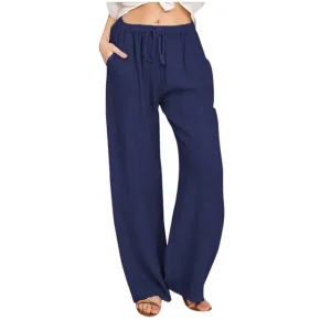 Cotton Linen Wide Leg Pants Full Length Casual Loose Straight Trousers - Image 5