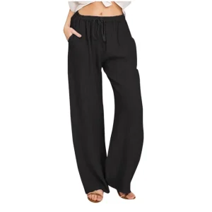 Cotton Linen Wide Leg Pants Full Length Casual Loose Straight Trousers - Image 4