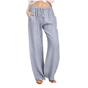 Cotton Linen Wide Leg Pants Full Length Casual Loose Straight Trousers - Image 3