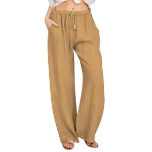 Cotton Linen Wide Leg Pants Full Length Casual Loose Straight Trousers - Image 2
