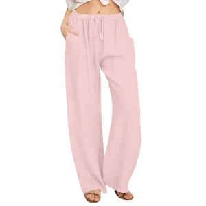 Cotton Linen Wide Leg Pants Full Length Casual Loose Straight Trousers - Image 18