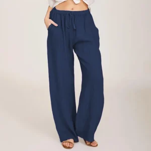 Cotton Linen Wide Leg Pants Full Length Casual Loose Straight Trousers - Image 19