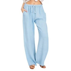 Cotton Linen Wide Leg Pants Full Length Casual Loose Straight Trousers - Image 20