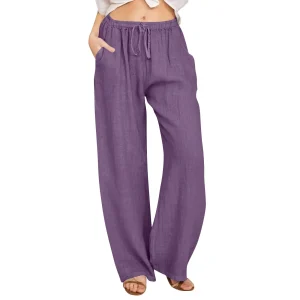 Cotton Linen Wide Leg Pants Full Length Casual Loose Straight Trousers - Image 17