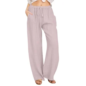 Cotton Linen Wide Leg Pants Full Length Casual Loose Straight Trousers - Image 16