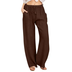 Cotton Linen Wide Leg Pants Full Length Casual Loose Straight Trousers - Image 14