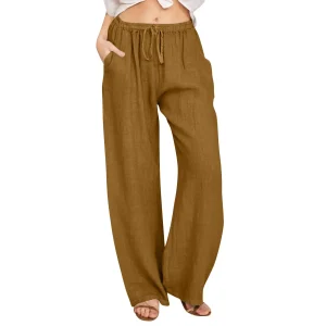 Cotton Linen Wide Leg Pants Full Length Casual Loose Straight Trousers - Image 13