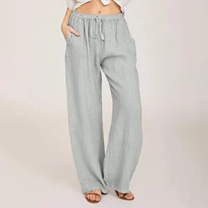 Cotton Linen Wide Leg Pants Full Length Casual Loose Straight Trousers - Image 12