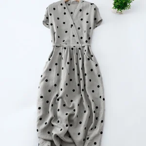 Cotton and Linen Dot V-neck Short-sleeved Loose Elegant Casual dress
