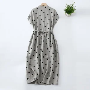 Cotton and Linen Dot V-neck Short-sleeved Loose Elegant Casual dress - Image 2