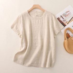 Cotton linen short-sleeved round neck version of the simple loose temperament Top