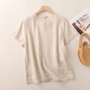 Cotton linen short-sleeved round neck version of the simple loose temperament Top - Image 2