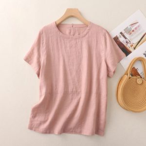 Cotton linen short-sleeved round neck version of the simple loose temperament Top - Image 3