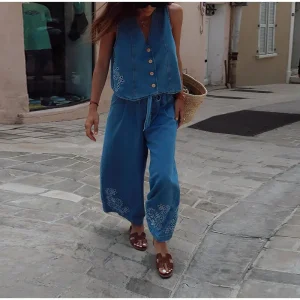 Elegant street wear solid hollow out denim pants suit - Image 9