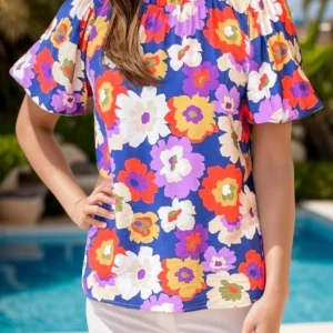 Elegant Floral Printed Round Neck Puff Sleeve Blouse Tops - Image 3