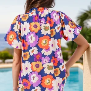 Elegant Floral Printed Round Neck Puff Sleeve Blouse Tops - Image 2