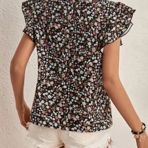 Elegant Floral Outdoor Top Round Neck Ruffled Sleeve Blouse - Image 2