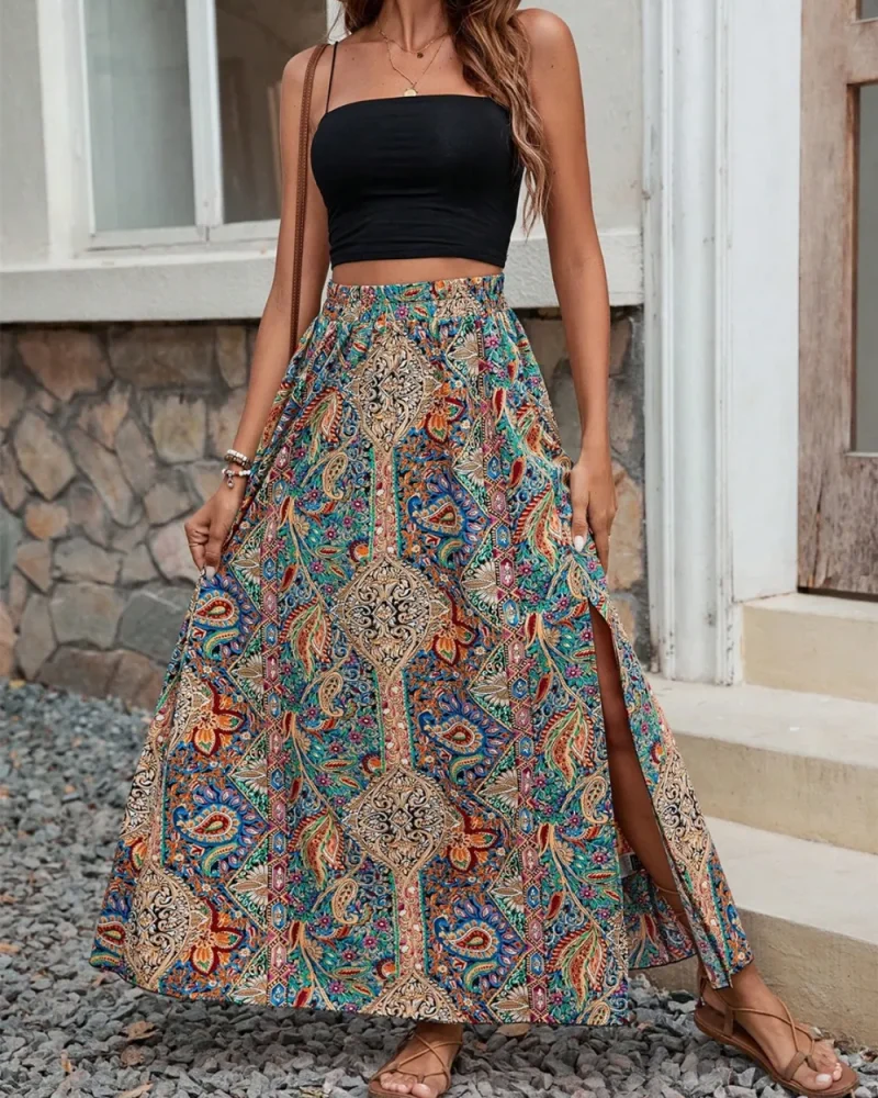 Elegant Long Outdoor And Party Skirt Slit Printed High Waist Skirt