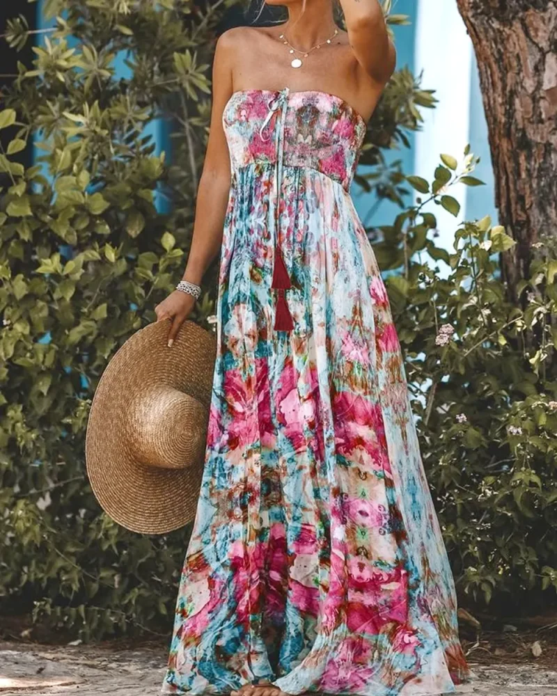 Elegant Long Wedding And Anniversary Smocked Printed Sleeveless Maxi Dress