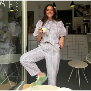 Elevate Style with Striped Buttons Straight Pant Suit Set - Image 3