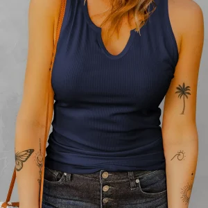 Fashion Notched Neckline Tank Slightly Stretchy Sleeveless Top - Image 3