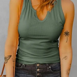 Fashion Notched Neckline Tank Slightly Stretchy Sleeveless Top