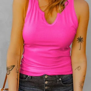 Fashion Notched Neckline Tank Slightly Stretchy Sleeveless Top - Image 11